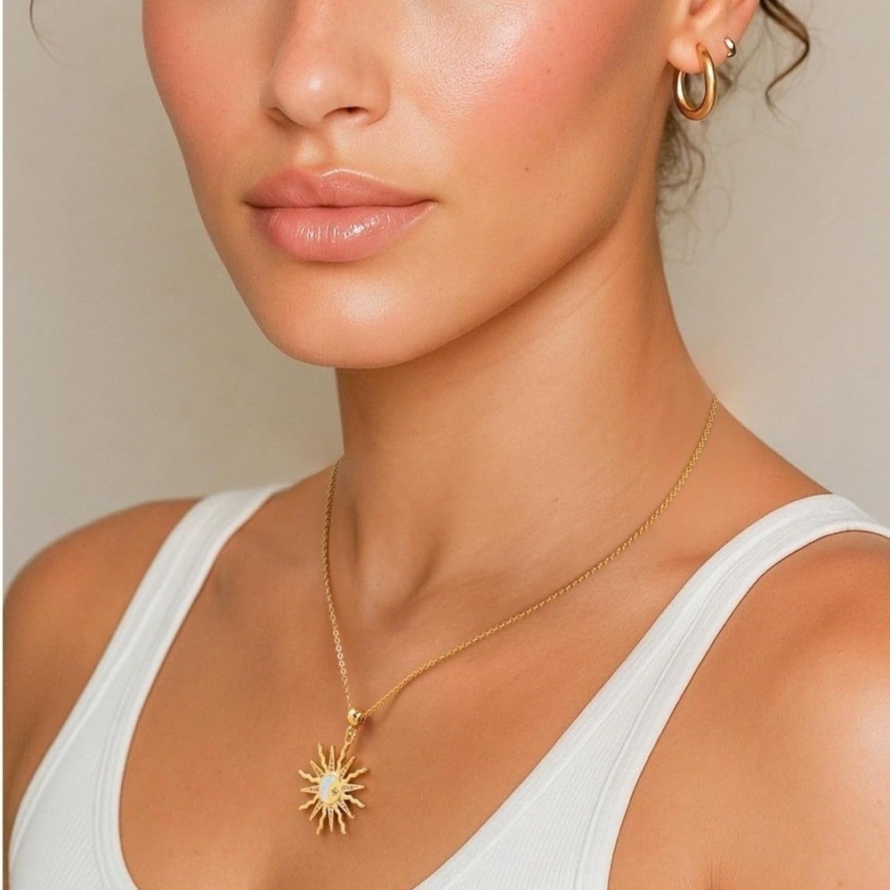 Sun Moon Necklace Womens 14K Gold Plated New Celestial CZ Mother of Pearl - Picture 2 of 5